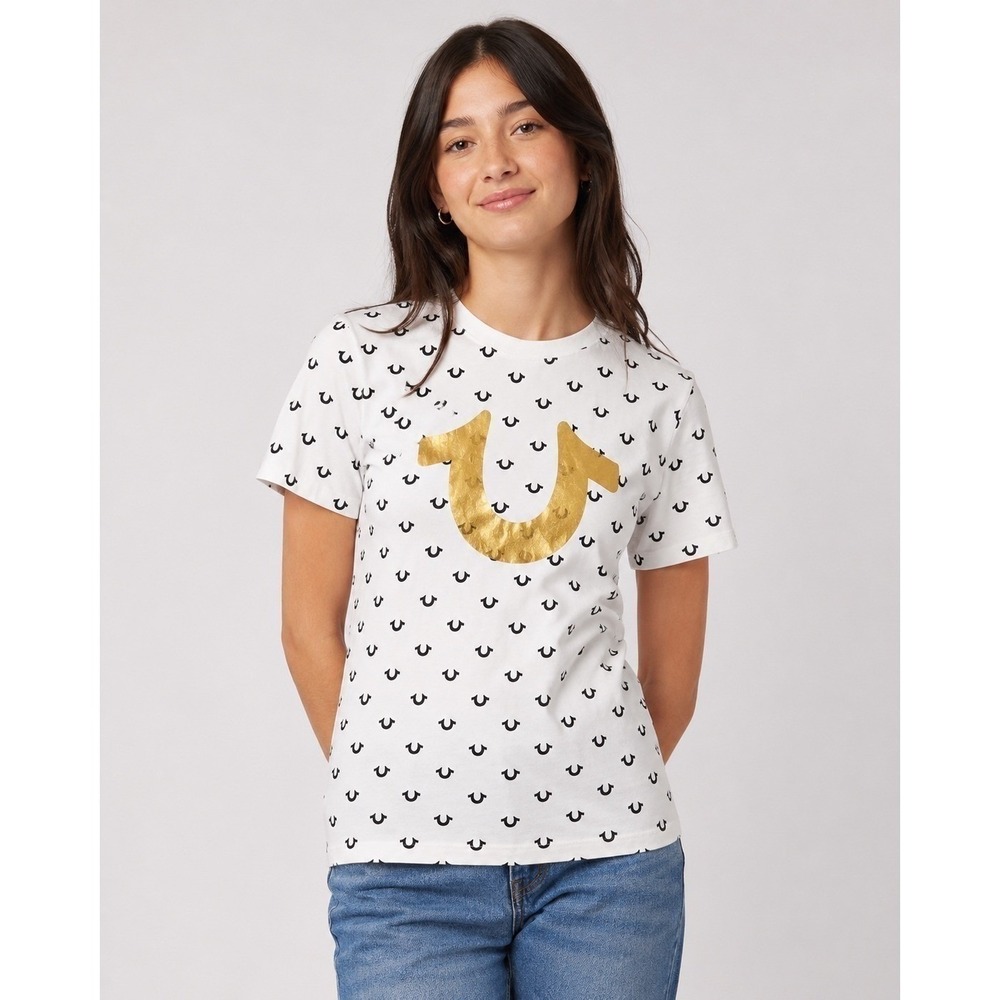 True Religion Womens White Gold Foil Horseshoe All Over Logo Tee Junior Size Lg